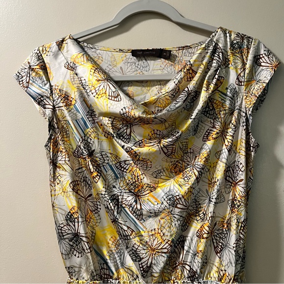 Like new. THE LIMITED Elegant Satin Dress. Gold undertones & butterfly designs. - Picture 7 of 11